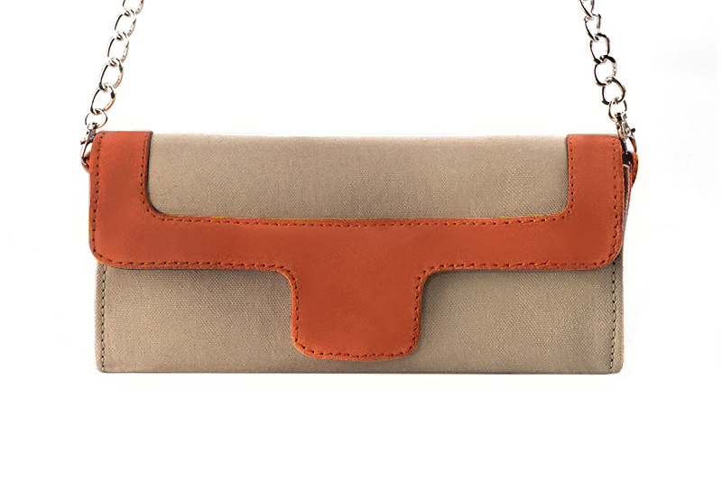 Women's tan beige and terracotta orange luxurious elegant clutch for ceremonies, weddings and evenings out. - Profile view